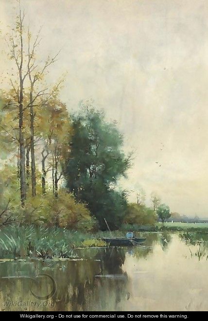 A fisherman in a punter in a polder landscape - Fredericus Jacobus Van Rossum Chattel