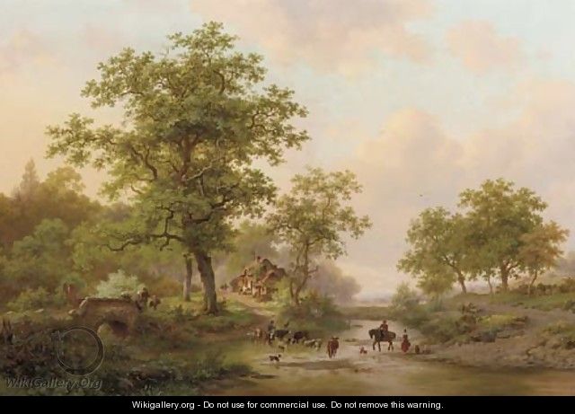 Cattle passing a ford in a wooded landscape in summer - Frederik Marianus Kruseman