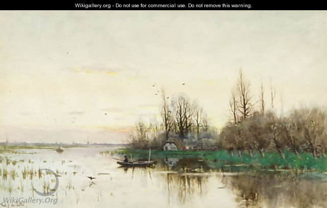 An autumn afternoon with an angler in a rowing boat - Fredericus Jacobus Van Rossum Chattel