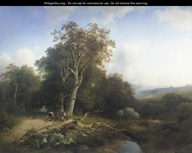 Peasants resting by a tree in a wooded valley - Frederik Hendrik Hendriks