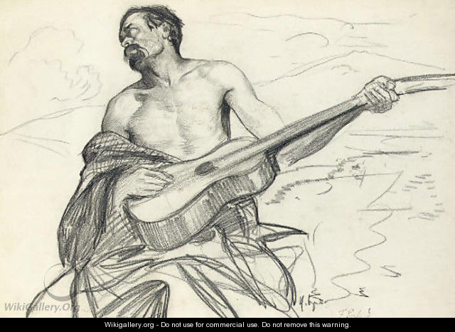 Study of a man with a guitar - Franz Roubaud