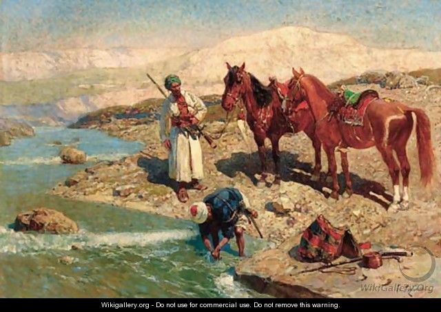 Arab horsemen washing by a river - Franz Roubaud