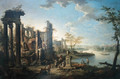 An Italianate river landscape with figures resting by classical ruins - Frans Christoph Janneck
