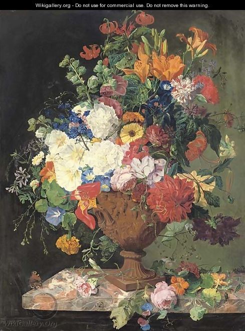Lillies, convolvuli, carnations and roses in an urn on a marble ledge - Franz Xaver Petter