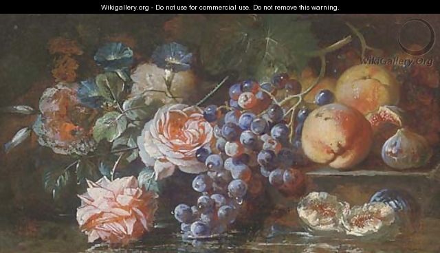 Grapes on the vine, figs, peaches, roses and morning glory resting on a stone ledge before a pool of water - Franz Werner von Tamm