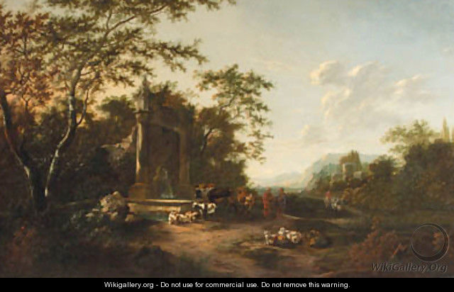 Shepherds with cattle and sheep by a fountain in an Italianate landscape, at sunset - Frederick De Moucheron