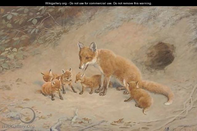 A fox with her cubs before their den - Frank Paton