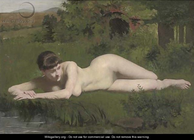 Reclining nude on the riverbank - Frank Duveneck