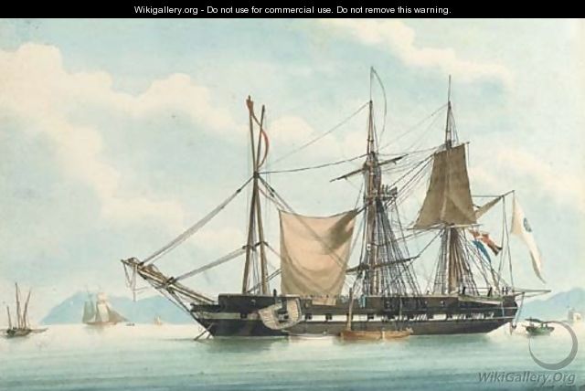 A frigate at anchor in a bay, undergoing an extensive refit - Francois-Joseph-Frederic Roux
