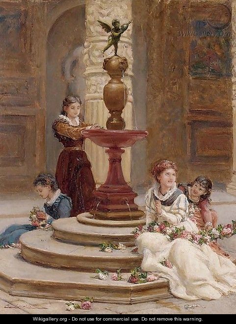 Girls making flower garlands beside a fountain - Frank William Warwick Topham