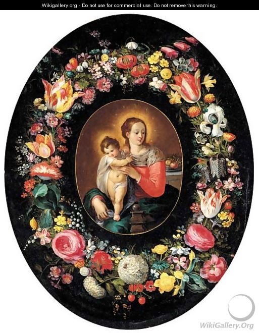A garland of flowers surrounding a medallion of the Virgin and Child - Frans II Francken