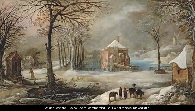 An extensive winter village landscape with peasants and their mules on a path - Frans de Momper