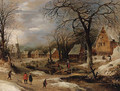 A village scene in winter with peasants by a river - Frans de Momper