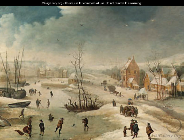 A village in winter with figures skating on a frozen river - Frans de Momper