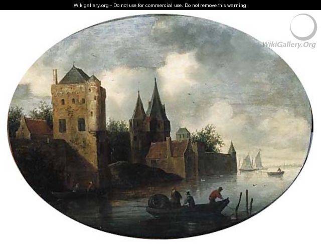 A fortified town on a river, with fishermen in a rowing boat, on a cloudy day - Frans de Hulst
