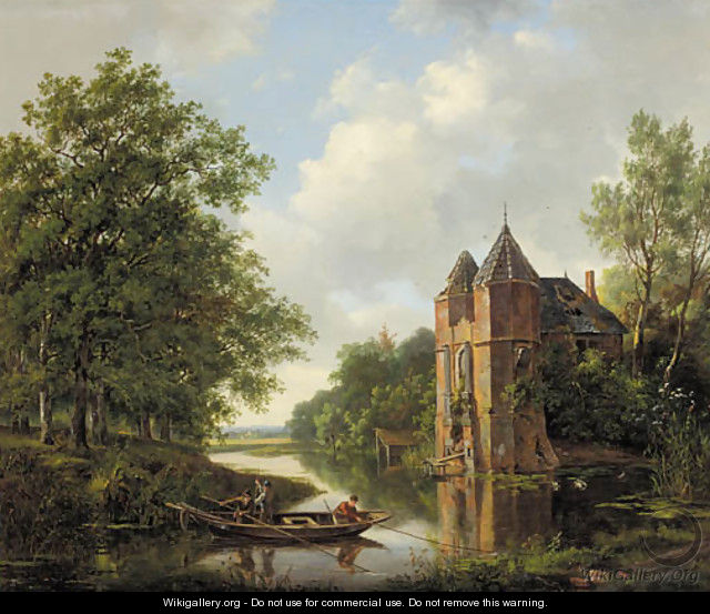 A riverlandscape with anglers in a rowingboat by a ruined mansion - Frans Arnold Breuhaus de Groot