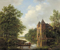 A riverlandscape with anglers in a rowingboat by a ruined mansion - Frans Arnold Breuhaus de Groot