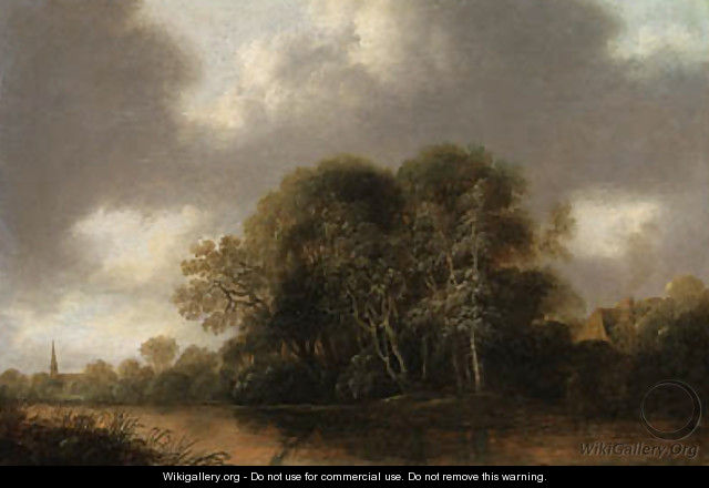 A wooded river landscape with a cottage, a church spire beyond - Francois Van Knibbergen