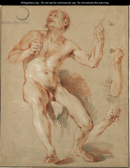 Hercules seated, his head and shoulder in shadow, with subsidiary studies of his right and left arm - Francois Lemoine (see Lemoyne)