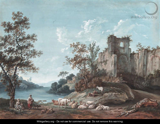 An extensive river landscape with the ruins of an abbey, shepherds in the foreground - Franois Huet