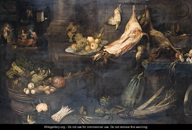 A kitchen with dead snipe, a leg of ham and a dead hare hanging from hooks above stone ledges with dead songbirds in a copper bucket - Frans Ykens