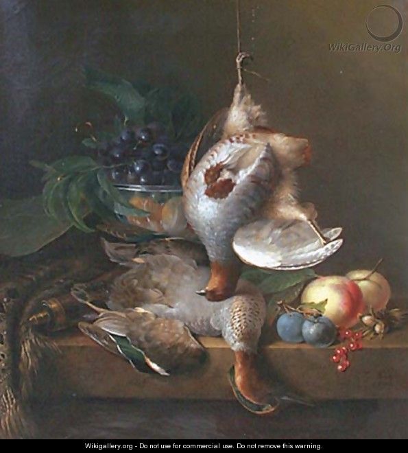 Still life with a partridge, a duck and fruit - Frans Van Heukelom