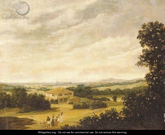 An extensive Brazilian landscape with natives carrying baskets and a farmhouse by a pool - Frans Jansz. Post