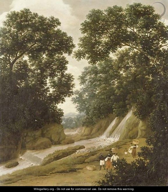 A forest with natives carrying baskets on a path by a waterfall - Frans Jansz. Post