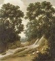 A forest with natives carrying baskets on a path by a waterfall - Frans Jansz. Post