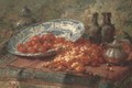Stawberries in a delft bowl with cherries on a table - Frans Mortelmans