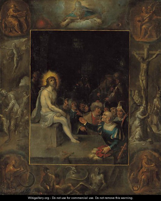 The Mocking of Christ, in a grisaille surround depicting God the Father, the Evangelists, The Crucifixion, The Resurrection and The Devil and Death wi - Frans II Francken