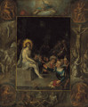 The Mocking of Christ, in a grisaille surround depicting God the Father, the Evangelists, The Crucifixion, The Resurrection and The Devil and Death wi - Frans II Francken