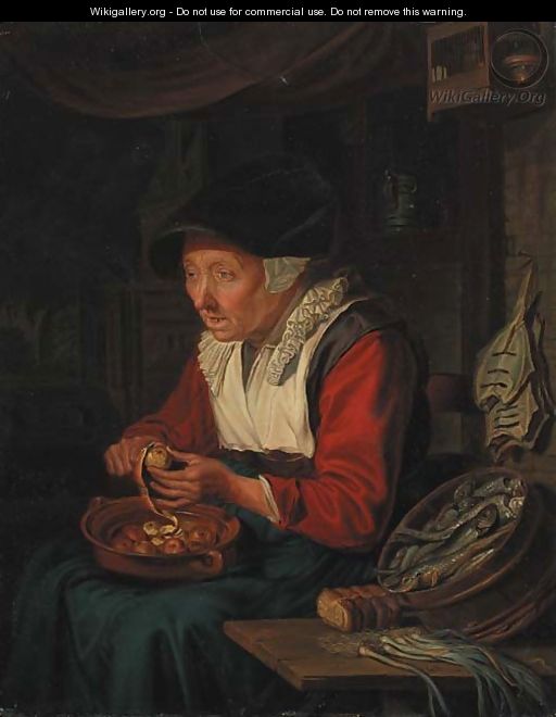 An old woman peeling apples by a table laden with onions - Josef Schierl