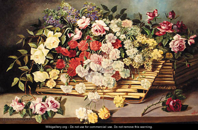 Carnations, Roses And Lilac In A Wicker Basket On A Table - Josef Kugler