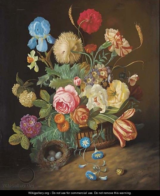 Irises, roses, tulips, peonies, poppies, marigolds in a basket and a bird