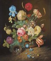 Irises, roses, tulips, peonies, poppies, marigolds in a basket and a bird's nest - Josef Holstayn