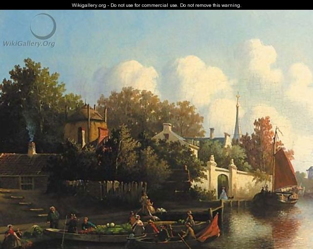 A village scene Merchants in rowing boats - Joseph Bles