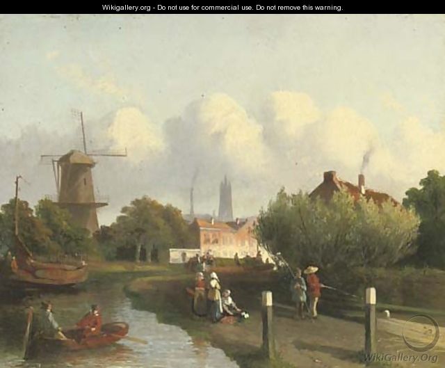 A busy canal near a Dutch town - Joseph Bles