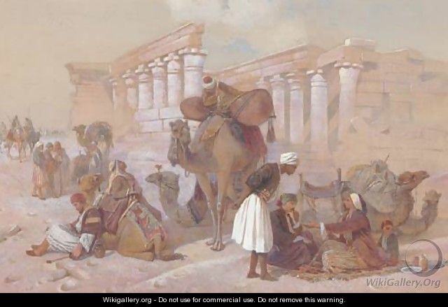 Arabs with their camels by temple ruins - Joseph-Austin Benwell