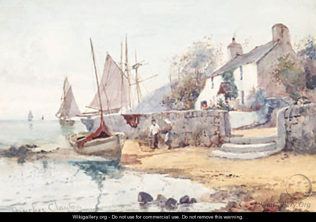 Figures and Fishing Vessels in a Harbour thought to be Anglesey - Joseph Hughes Clayton