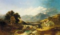 A drover with cattle on a bridge in a Highland landscape - Joseph Horlor