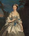 Portrait of the Duchess of Argyll, three-quarter-length, in an oyster satin dress trimmed with blue ribbons, in a wooded landscape - Joseph Highmore