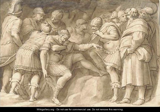 The wounded Scipio the Elder carried by his soldiers, after Polidoro da Caravaggio - Joseph The Elder Heintz