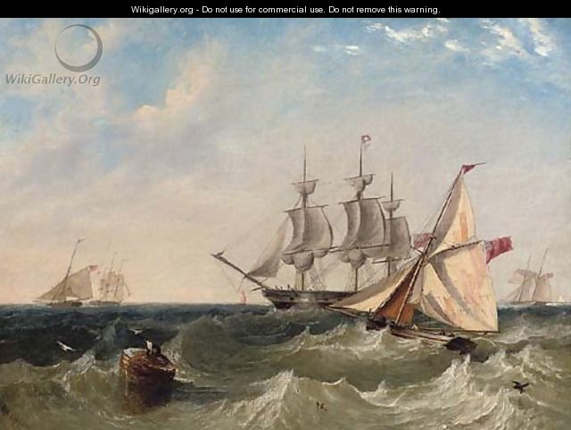 Naval cutters offshore with a frigate coming to anchor, probably at Spithead - James Wilson Carmichael