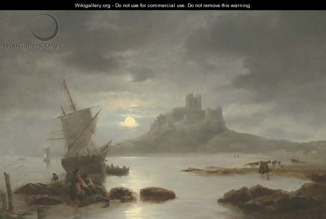 Bamburgh Castle by moonlight, with figures and boats in the foreground - James Wilson Carmichael