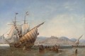 A British frigate and Mediterranean xebecs off Sidon, Lebanon - James Wilson Carmichael