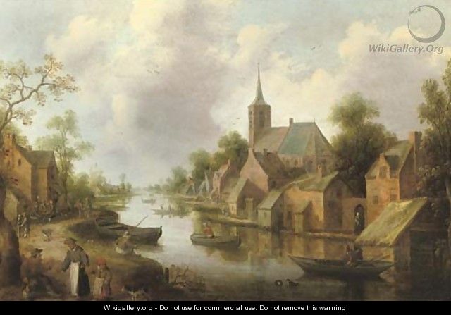A river landscape with figures outside an inn and fishermen in boats, a town beyond - Joost Cornelisz. Droochsloot