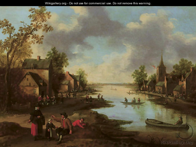 A river landscape with figures outside an inn and fishermen in boats, a family conversing in the foreground - Joost Cornelisz. Droochsloot