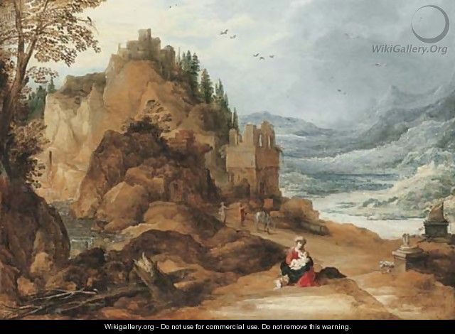 A mountainous river landscape with the Rest on the Flight into Egypt - Joos or Josse de, The Younger Momper