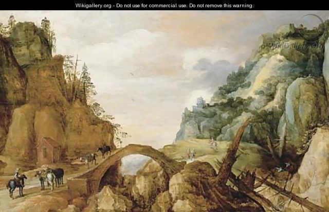 A mountainous landscape with horsemen and travellers crossing a bridge - Joos or Josse de, The Younger Momper